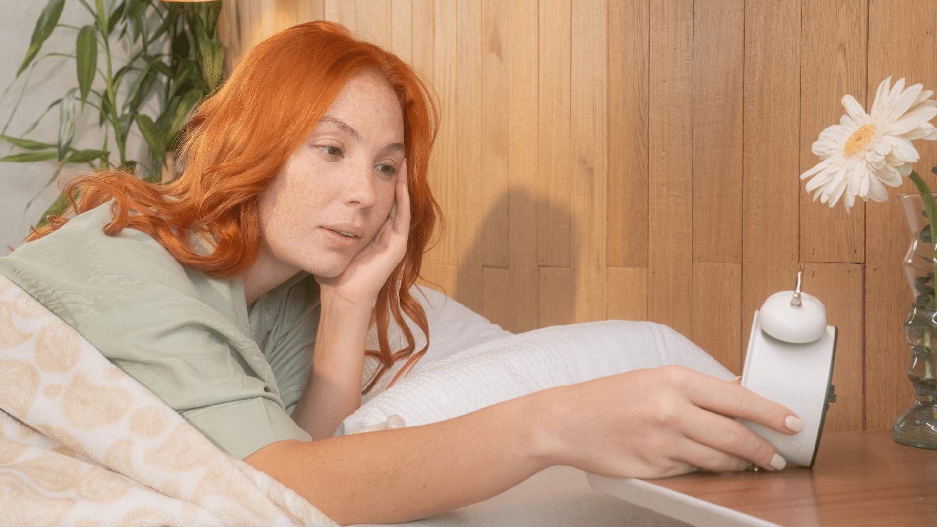 Naine voodis, vaatab äratuskella